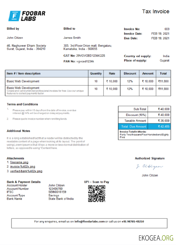 Inde Foobar Labs Information Technology Company facture 1